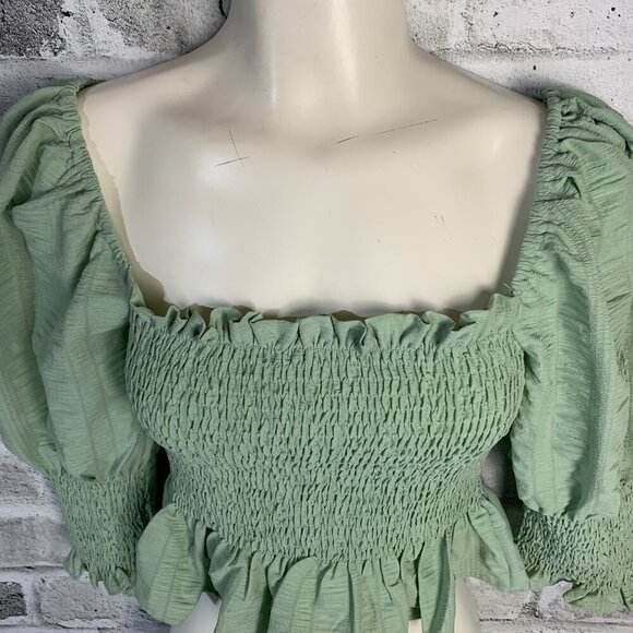 En Saison Crop Top Mint Smocked Puff Sleeve Square Neck Peasant Boho Blouse - Picture 2 of 12